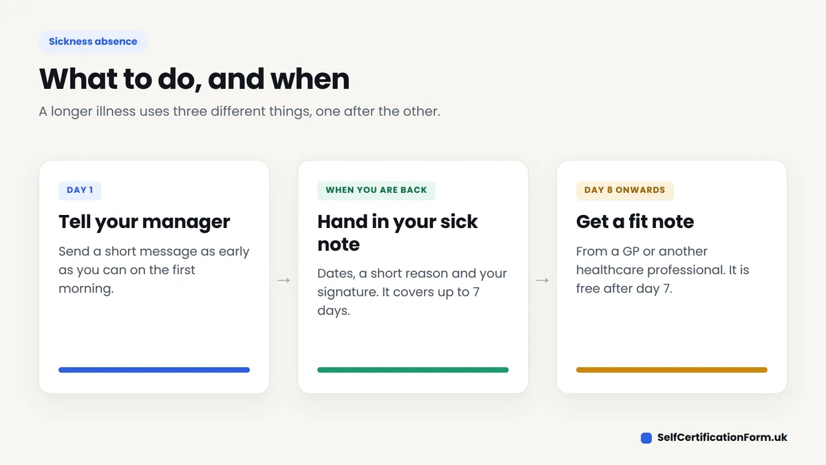 Three steps for sickness absence: tell your manager on day 1, hand in your sick note when you are back, and get a fit note from day 8
